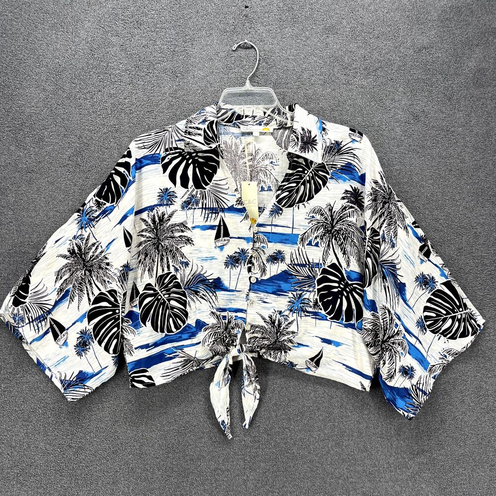 C&C California Top womens Large Blue crop front tie button beach Hawaiian Blouse